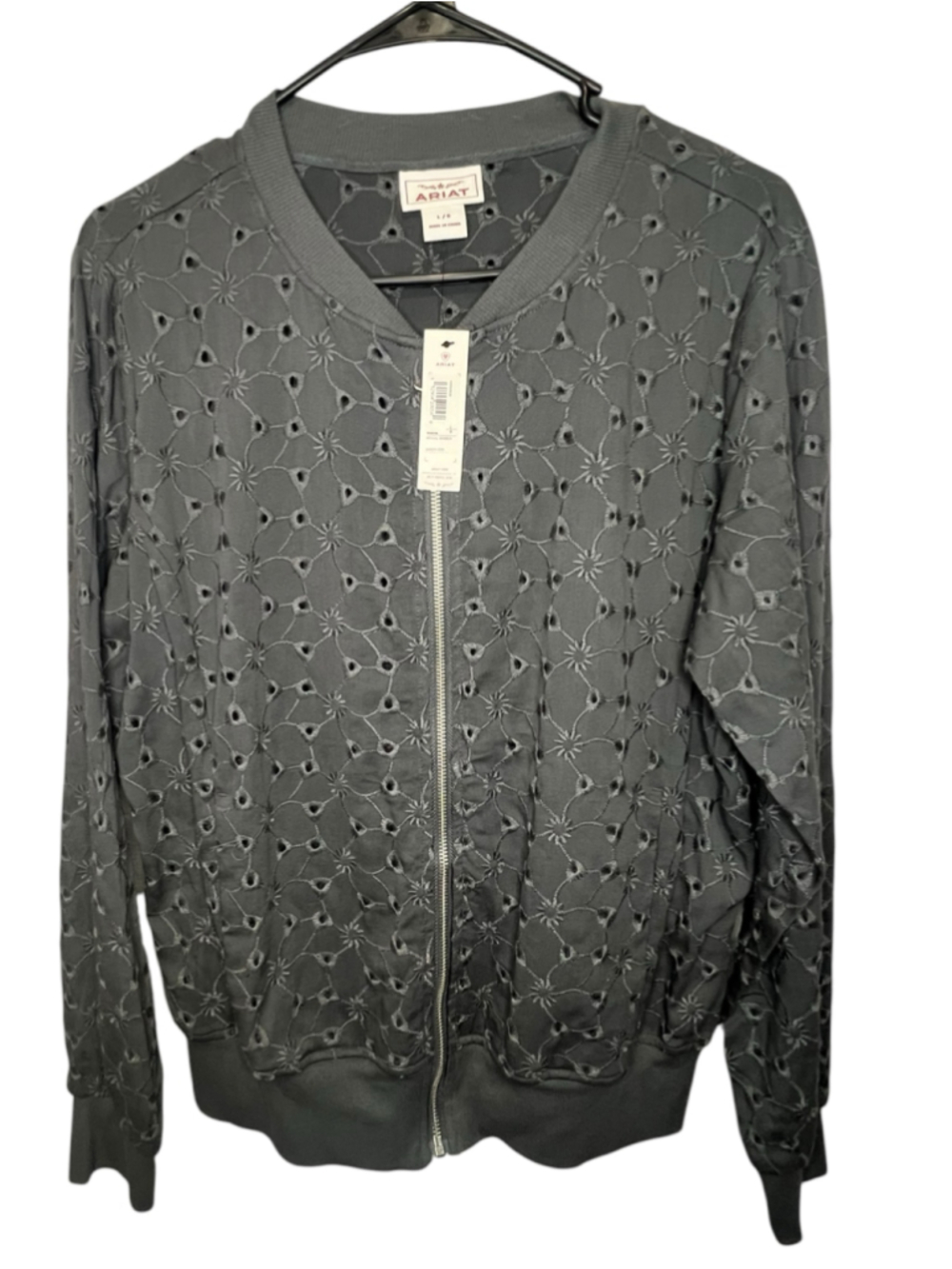 NWT Ariat Grey Eyelet Cut Out Embroidered Zip Up Lightweight Western Bomber Jack
